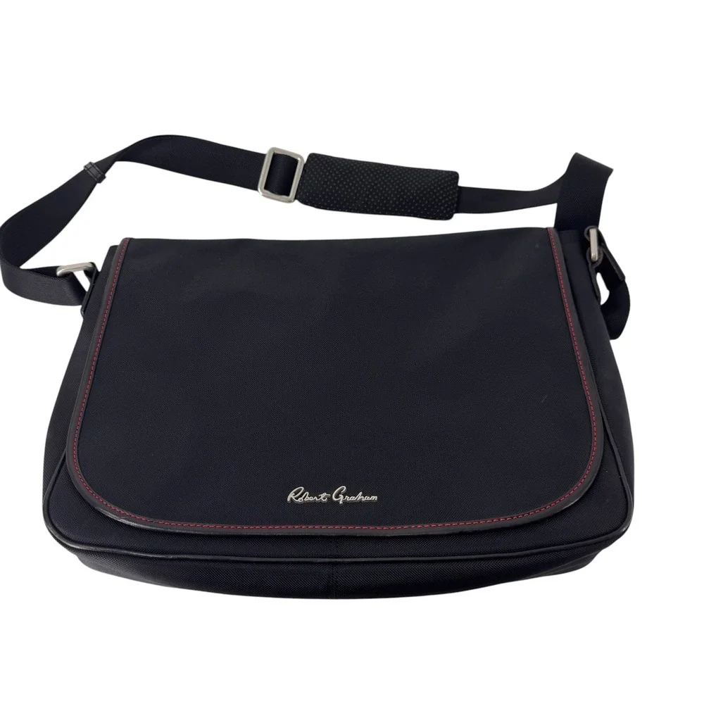 Robert Graham Mens Black Nylon Messenger Bag Skull Print Lining Satchel